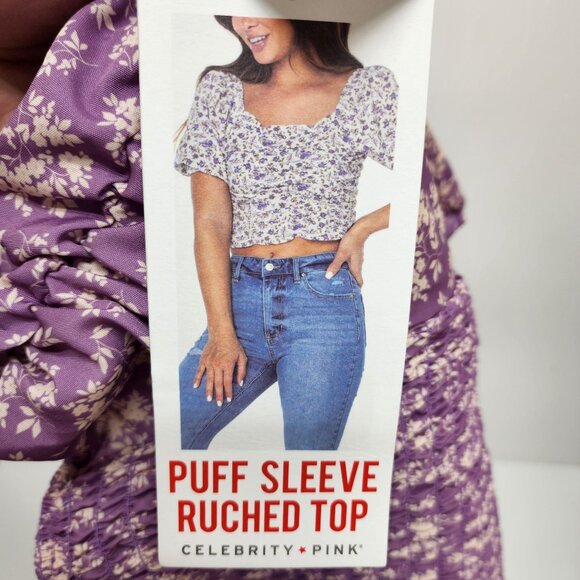 Celebrity Pink Womens Purple Puff Sleeve Ruched Top With Floral Print Size L - Picture 3 of 10